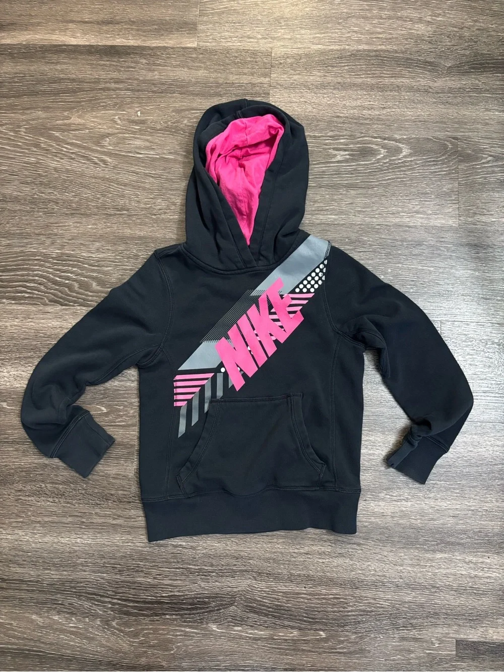 Nike Girl’s Black & Pink Graphic Hoodie with Pink Logo and Hood Lining
